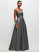 Front View Thumbnail - Gunmetal Strapless Draped Cat-Eye Satin Maxi Dress with Full Skirt