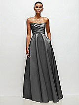 Side View Thumbnail - Gunmetal Strapless Draped Cat-Eye Satin Maxi Dress with Full Skirt