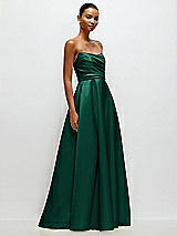 Front View Thumbnail - Hunter Green Strapless Draped Cat-Eye Satin Maxi Dress with Full Skirt