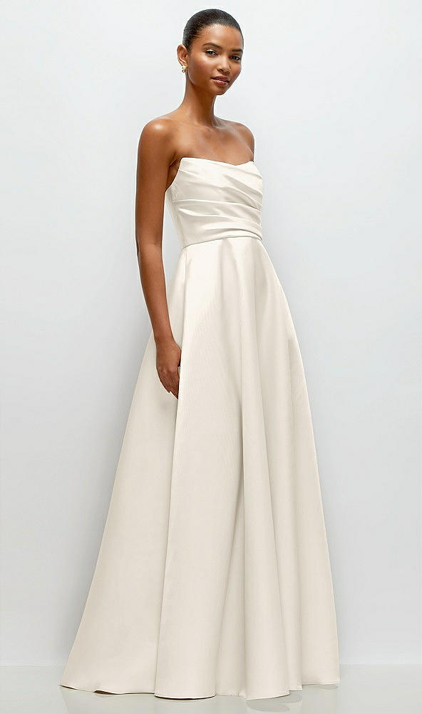 Front View - Ivory Strapless Draped Cat-Eye Satin Maxi Dress with Full Skirt