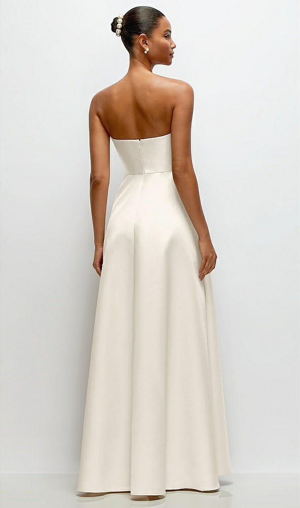 Back View - Ivory Strapless Draped Cat-Eye Satin Maxi Dress with Full Skirt