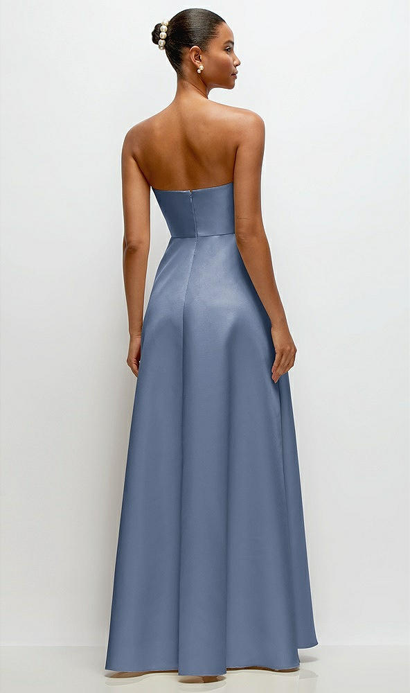 Back View - Larkspur Blue Strapless Draped Cat-Eye Satin Maxi Dress with Full Skirt