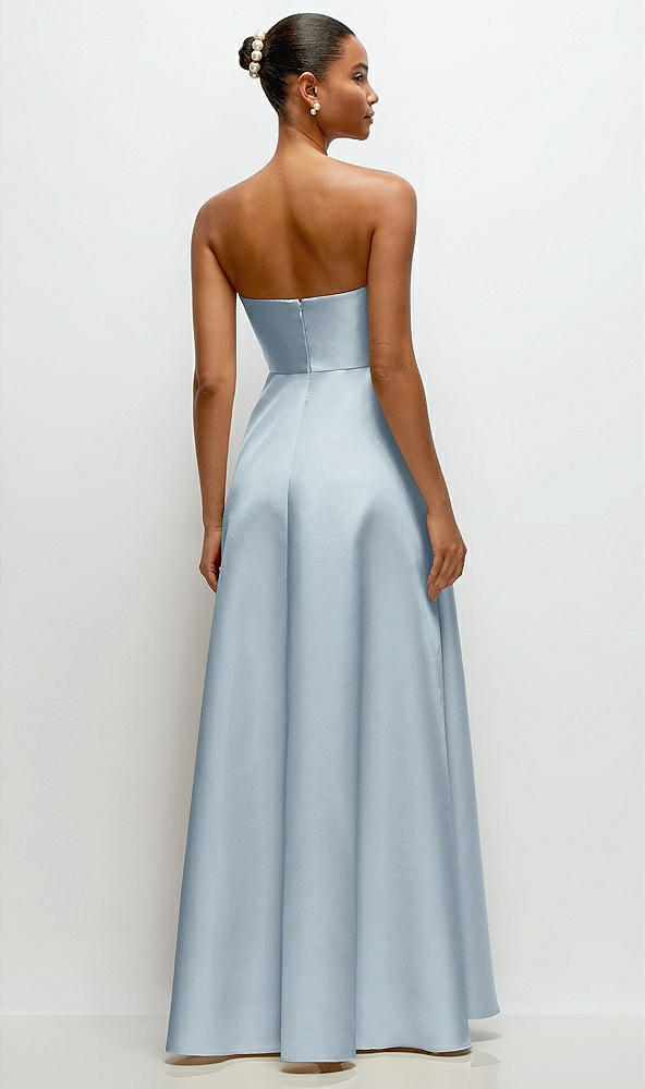 Back View - Mist Strapless Draped Cat-Eye Satin Maxi Dress with Full Skirt