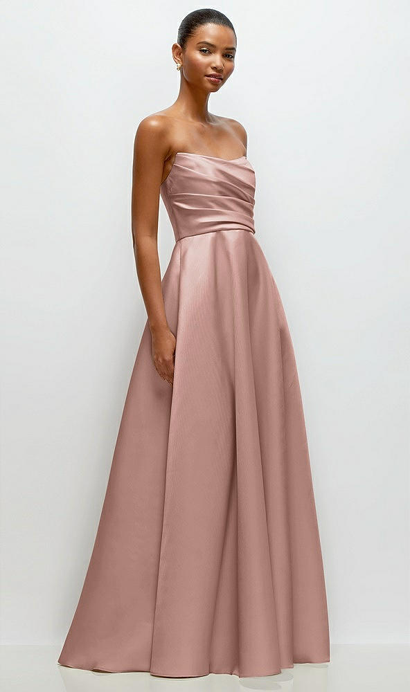 Front View - Neu Nude Strapless Draped Cat-Eye Satin Maxi Dress with Full Skirt