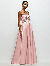 Front View Thumbnail - Rose - PANTONE Rose Quartz Strapless Draped Cat-Eye Satin Maxi Dress with Full Skirt