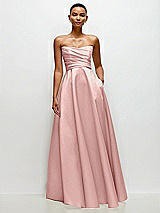 Side View Thumbnail - Rose - PANTONE Rose Quartz Strapless Draped Cat-Eye Satin Maxi Dress with Full Skirt