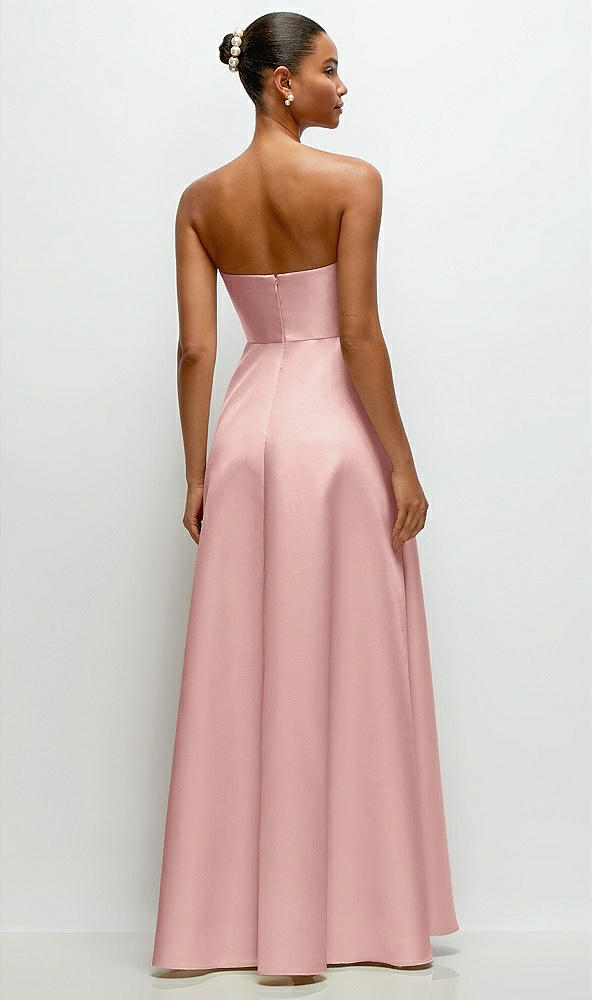 Back View - Rose - PANTONE Rose Quartz Strapless Draped Cat-Eye Satin Maxi Dress with Full Skirt