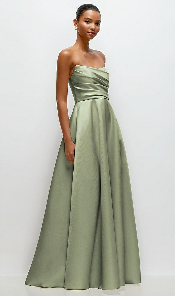 Front View - Sage Strapless Draped Cat-Eye Satin Maxi Dress with Full Skirt