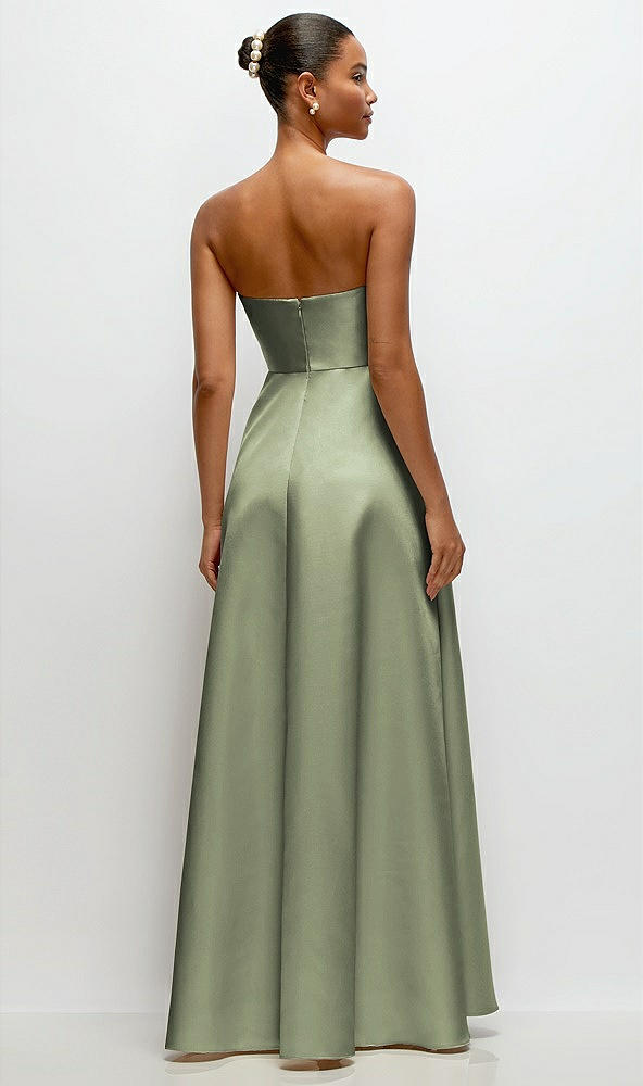 Back View - Sage Strapless Draped Cat-Eye Satin Maxi Dress with Full Skirt