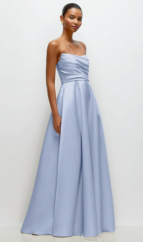 Front View - Sky Blue Strapless Draped Cat-Eye Satin Maxi Dress with Full Skirt