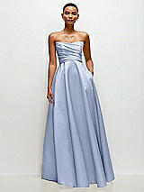 Side View Thumbnail - Sky Blue Strapless Draped Cat-Eye Satin Maxi Dress with Full Skirt