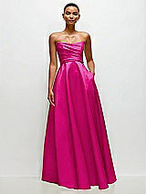 Side View Thumbnail - Think Pink Strapless Draped Cat-Eye Satin Maxi Dress with Full Skirt