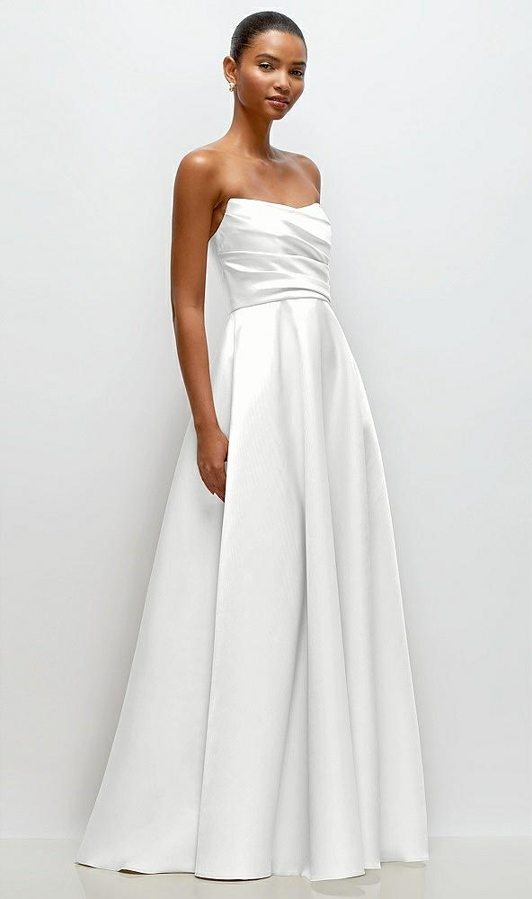 Front View - White Strapless Draped Cat-Eye Satin Maxi Dress with Full Skirt