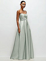 Front View Thumbnail - Willow Green Strapless Draped Cat-Eye Satin Maxi Dress with Full Skirt