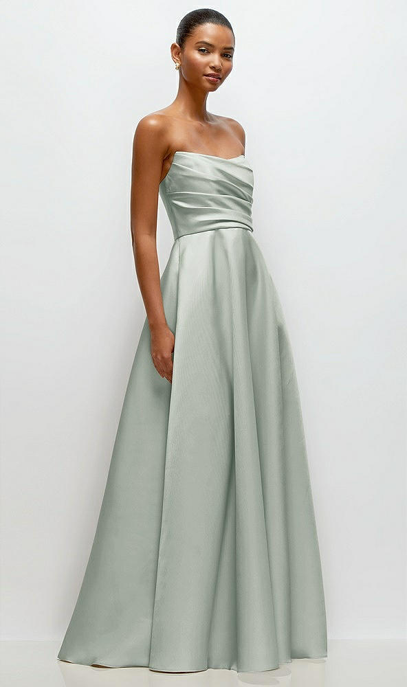 Front View - Willow Green Strapless Draped Cat-Eye Satin Maxi Dress with Full Skirt