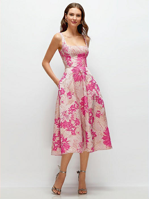 Hibiscus Pink Square Neck Floral Jacquard Midi Dress