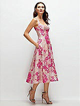 Side View Thumbnail - Hibiscus Pink Multi Hibiscus Pink Square Neck Floral Jacquard Midi Dress