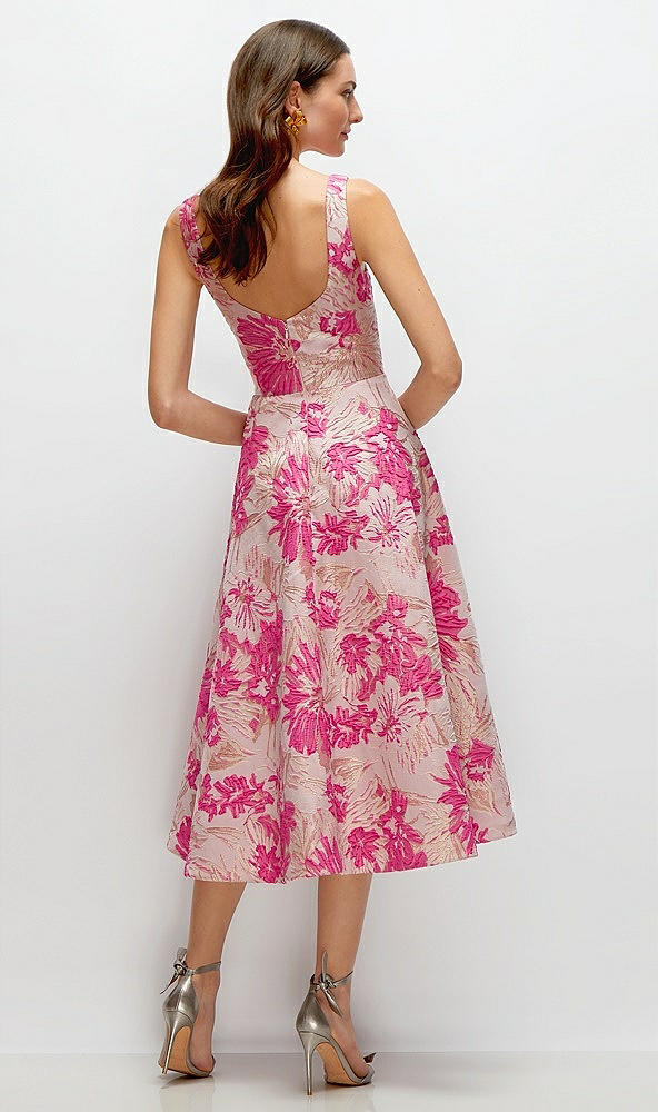 Back View - Hibiscus Pink Multi Hibiscus Pink Square Neck Floral Jacquard Midi Dress