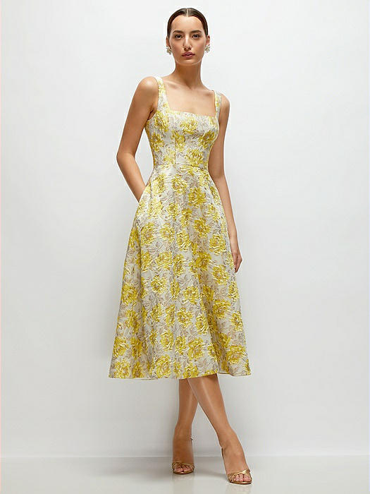 Golden Yellow Square Neck Floral Jacquard Midi Dress