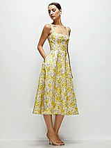 Side View Thumbnail - Golden Yellow Golden Yellow Square Neck Floral Jacquard Midi Dress