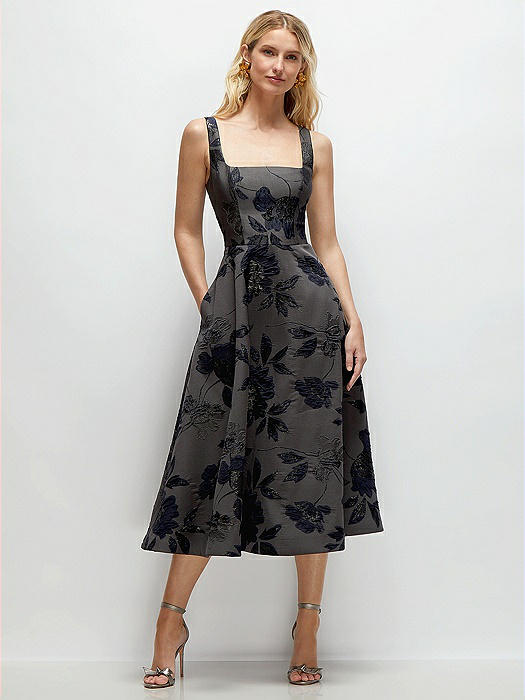 Noir Midnight Navy Square Neck Floral Metallic Jacquard Midi Dress