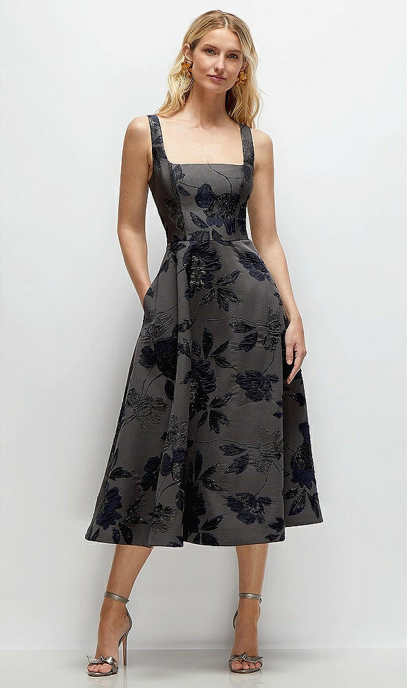 Front View - Noir Midnight Navy Noir Midnight Navy Square Neck Floral Metallic Jacquard Midi Dress