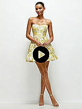 Video 1 Thumbnail - Golden Yellow Golden Yellow Strapless Cat-Eye Floral Jacquard Corset Mini Dress with Ruffle Hem