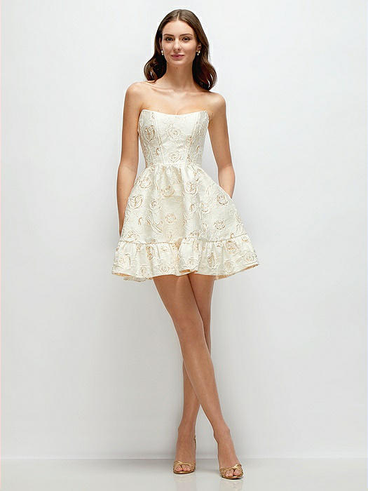 Strapless Cat-Eye Corset Ivory Gold Gilt Rosette Brocade Mini Dress with Ruffle Hem