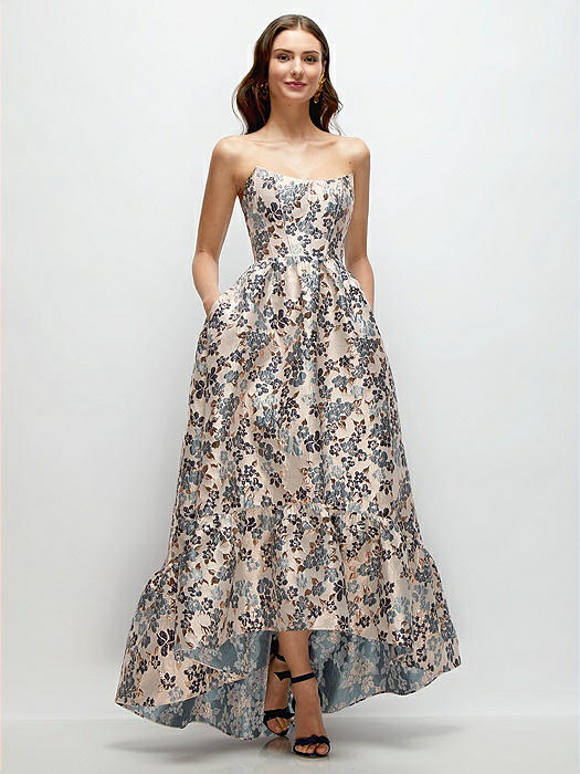 Strapless Cat-Eye Corset Gilt Indigo Brocade Floral High-Low Dress with Ruffle Hem