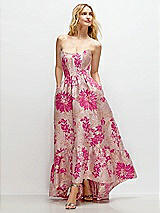 Front View Thumbnail - Hibiscus Pink Multi Strapless Cat-Eye Corset Hibiscus Pink Floral Jacquard High-Low Dress with Ruffle Hem