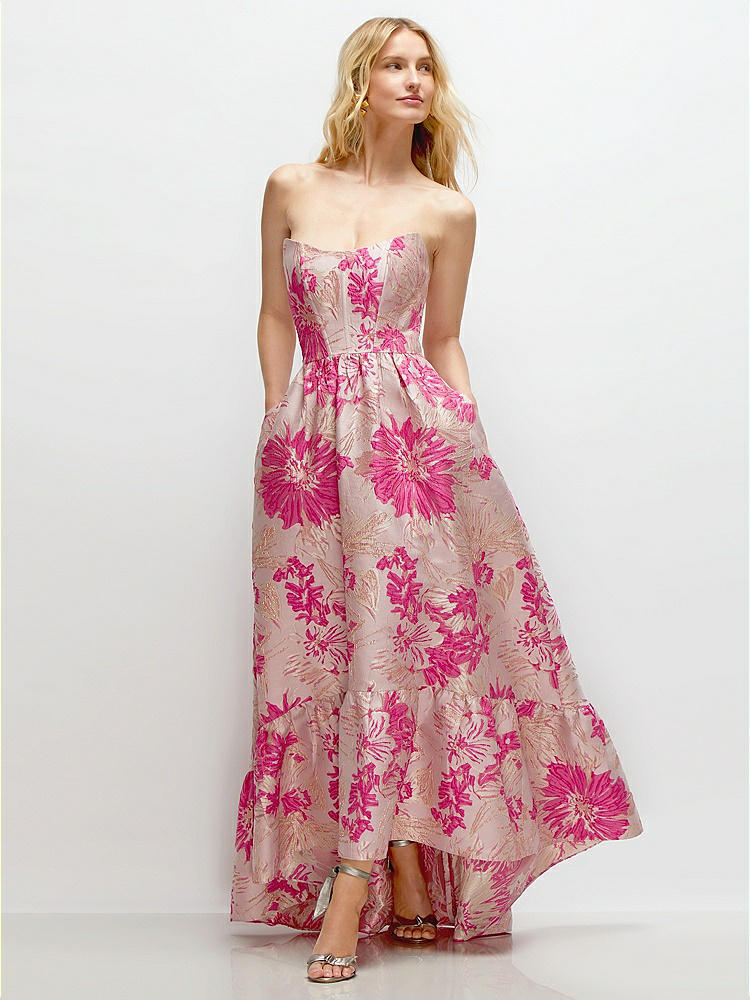 Hibiscus Pink Strapless Floral Jacquard Column Bridesmaid Dress With Back  Slit In Hibiscus Pink Multi | The Dessy Group