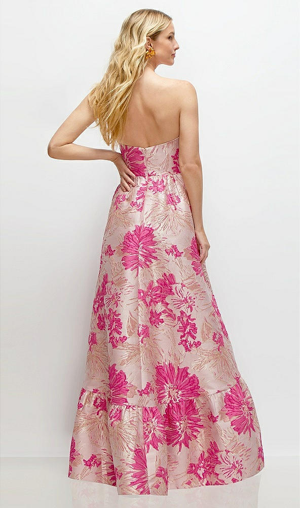 Back View - Hibiscus Pink Multi Strapless Cat-Eye Corset Hibiscus Pink Floral Jacquard High-Low Dress with Ruffle Hem