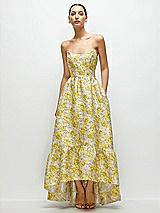 Front View Thumbnail - Golden Yellow Golden Yellow Strapless Cat-Eye Floral Jacquard Corset High-Low Dress with Ruffle Hem