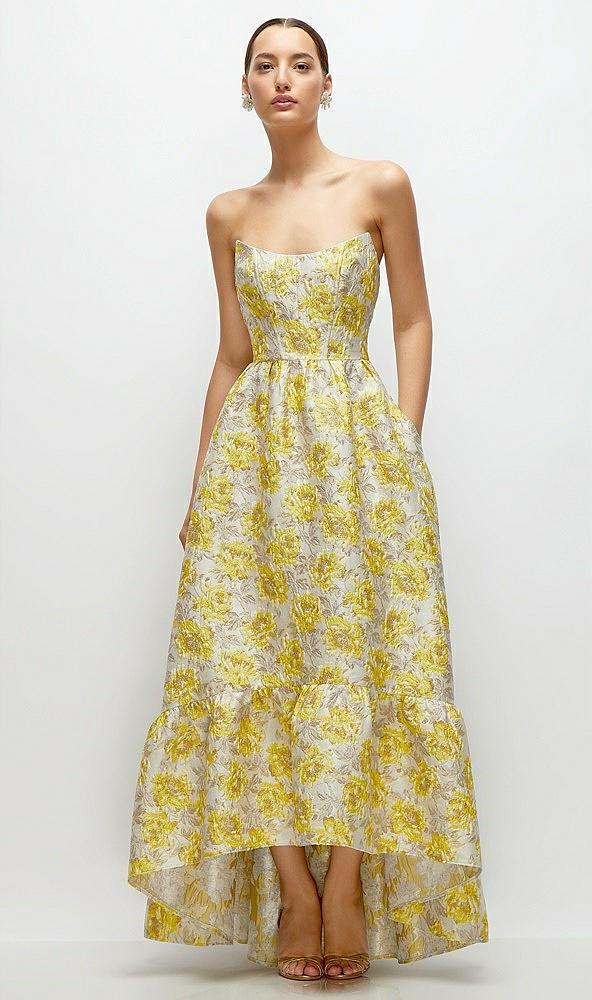 Front View - Golden Yellow Golden Yellow Strapless Cat-Eye Floral Jacquard Corset High-Low Dress with Ruffle Hem