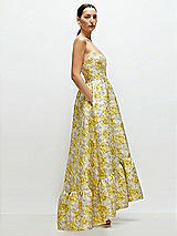 Side View Thumbnail - Golden Yellow Golden Yellow Strapless Cat-Eye Floral Jacquard Corset High-Low Dress with Ruffle Hem