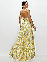 Rear View Thumbnail - Golden Yellow Golden Yellow Strapless Cat-Eye Floral Jacquard Corset High-Low Dress with Ruffle Hem