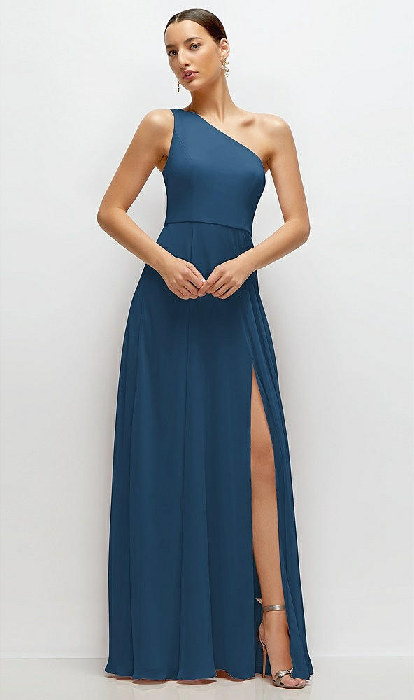 Front View - Dusk Blue Chiffon One-Shoulder Maxi Dress with Circle Skirt