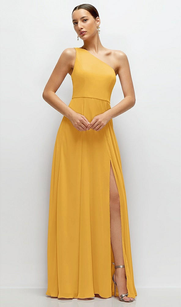 Front View - NYC Yellow Chiffon One-Shoulder Maxi Dress with Circle Skirt