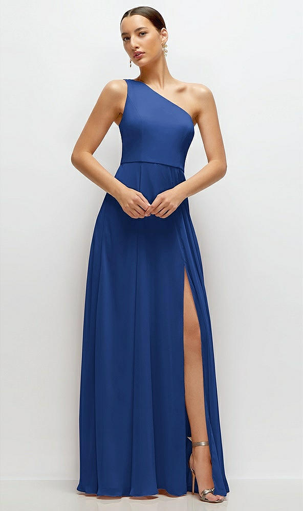 Front View - Classic Blue Chiffon One-Shoulder Maxi Dress with Circle Skirt