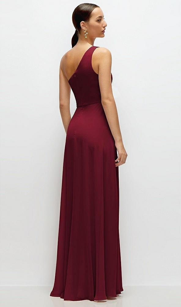 Back View - Burgundy Chiffon One-Shoulder Maxi Dress with Circle Skirt