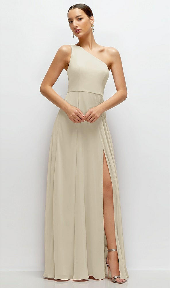 Front View - Champagne Chiffon One-Shoulder Maxi Dress with Circle Skirt