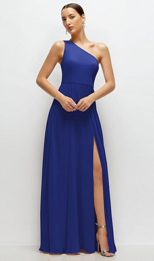 Front View - Cobalt Blue Chiffon One-Shoulder Maxi Dress with Circle Skirt