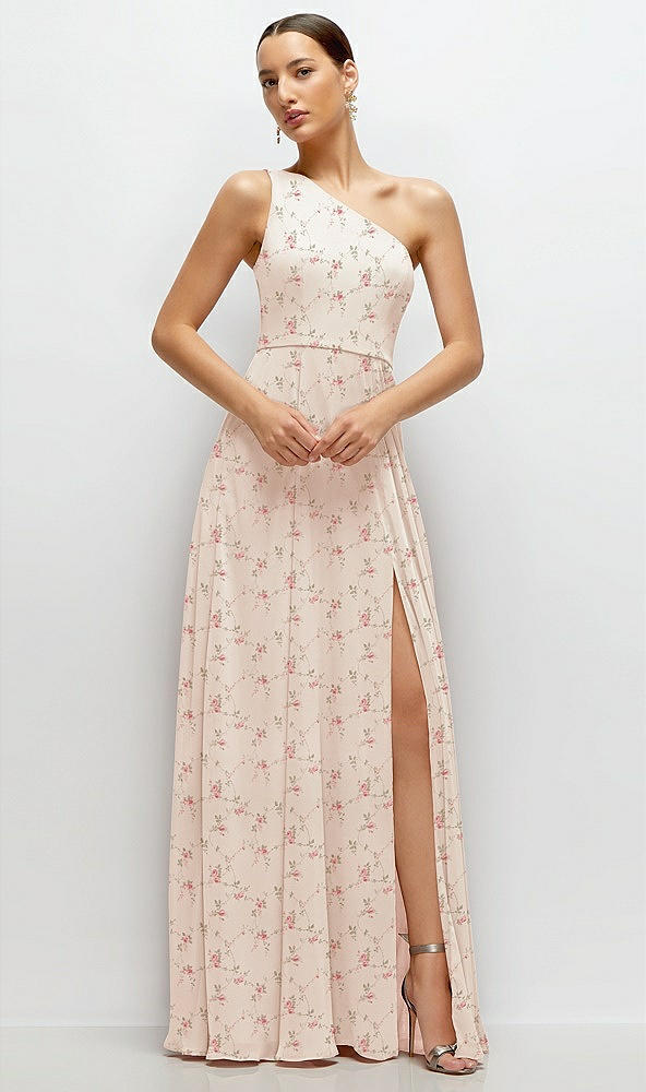 Front View - Coquette Floral Print Chiffon One-Shoulder Maxi Dress with Circle Skirt