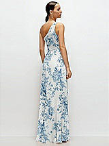 Rear View Thumbnail - Cottage Rose Dusk Blue Chiffon One-Shoulder Maxi Dress with Circle Skirt