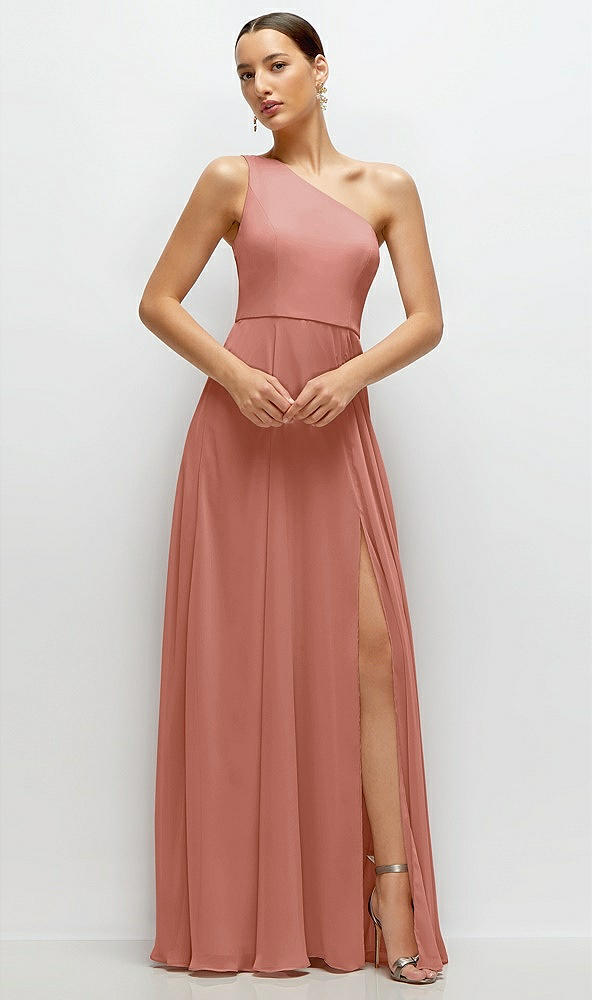 Front View - Desert Rose Chiffon One-Shoulder Maxi Dress with Circle Skirt