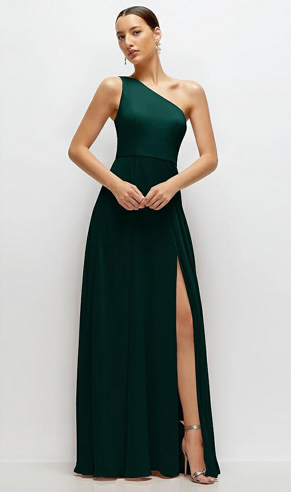 Front View - Evergreen Chiffon One-Shoulder Maxi Dress with Circle Skirt