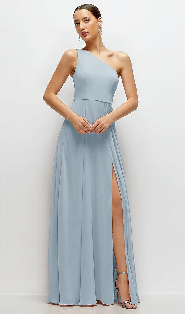 Front View - Mist Chiffon One-Shoulder Maxi Dress with Circle Skirt