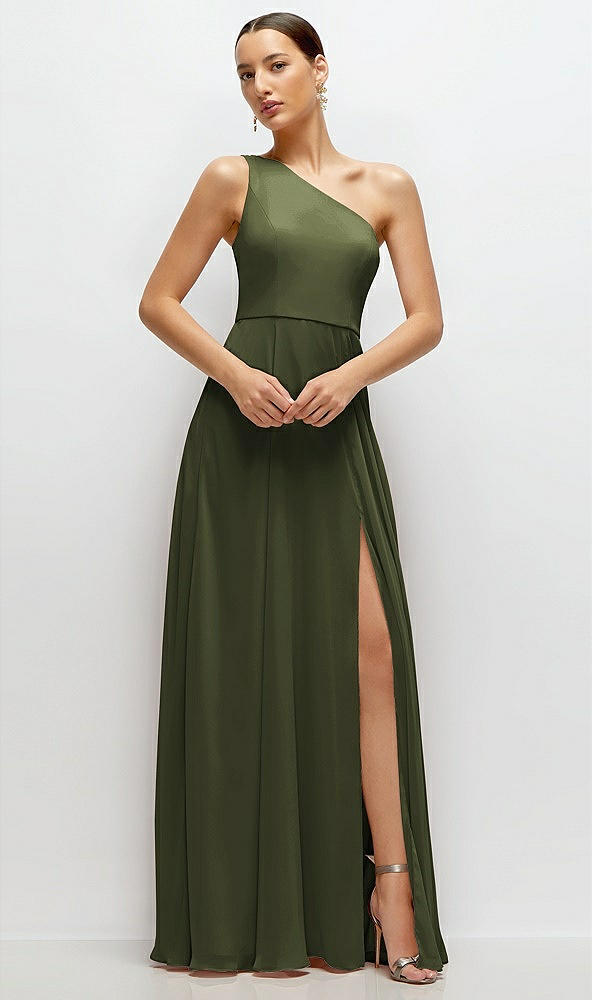 Front View - Olive Green Chiffon One-Shoulder Maxi Dress with Circle Skirt