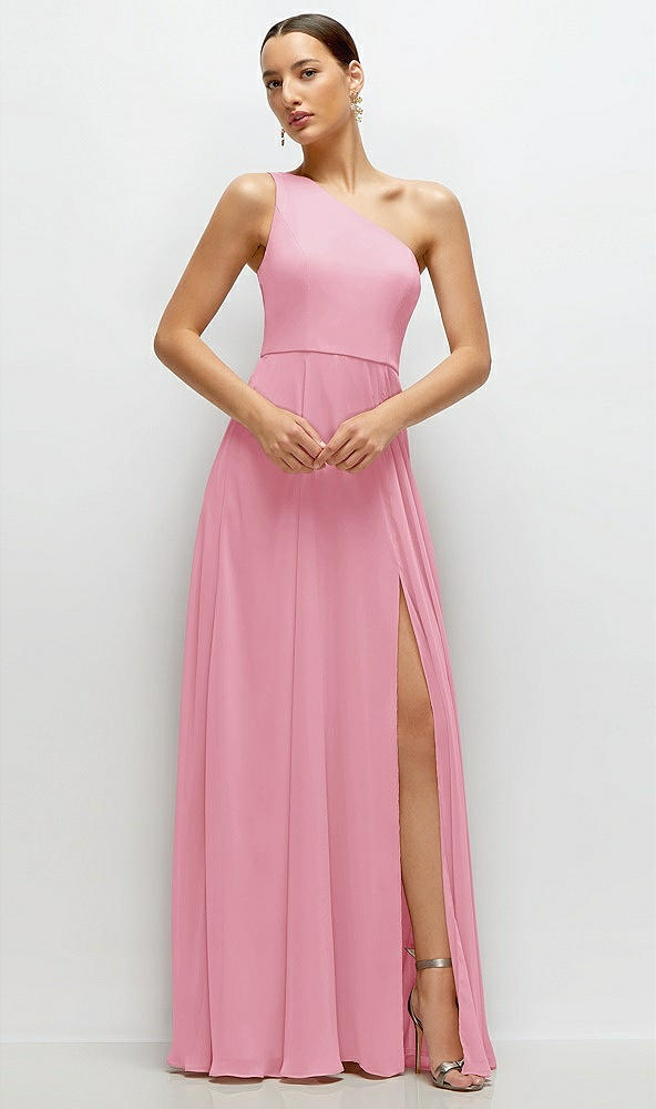 Front View - Peony Pink Chiffon One-Shoulder Maxi Dress with Circle Skirt