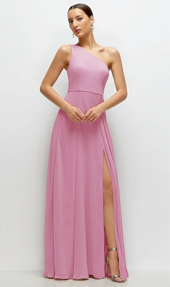 Front View - Powder Pink Chiffon One-Shoulder Maxi Dress with Circle Skirt